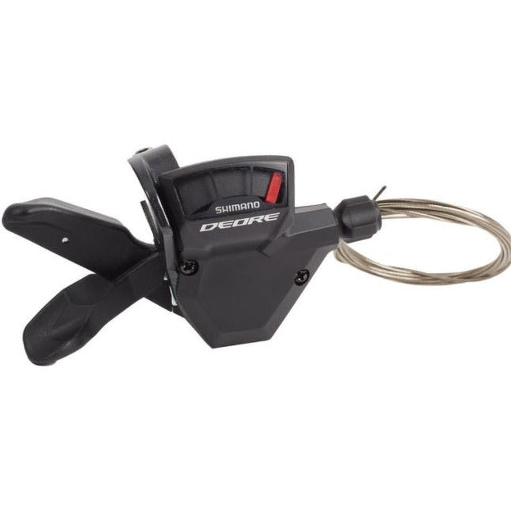 Shimano Deore black bicycle shifter with cable on white background