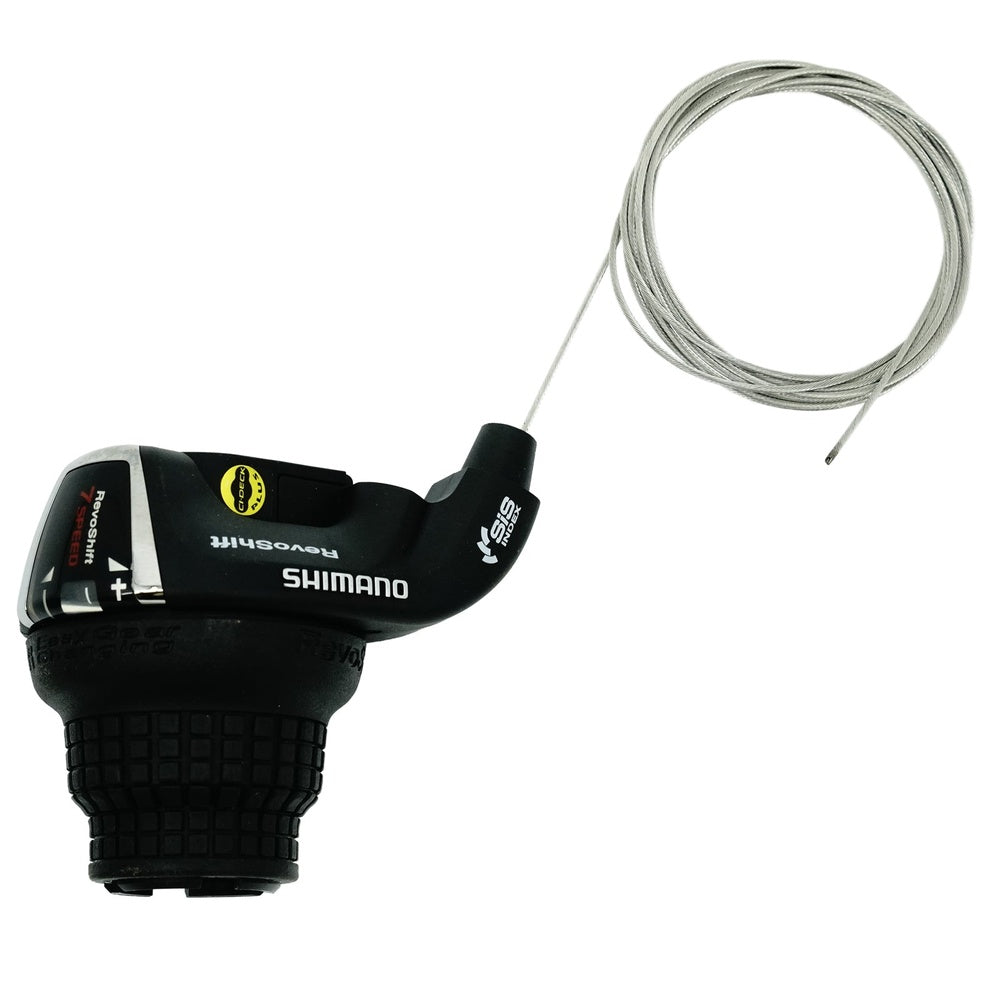 Shimano black grip shift shifter with cable on white background