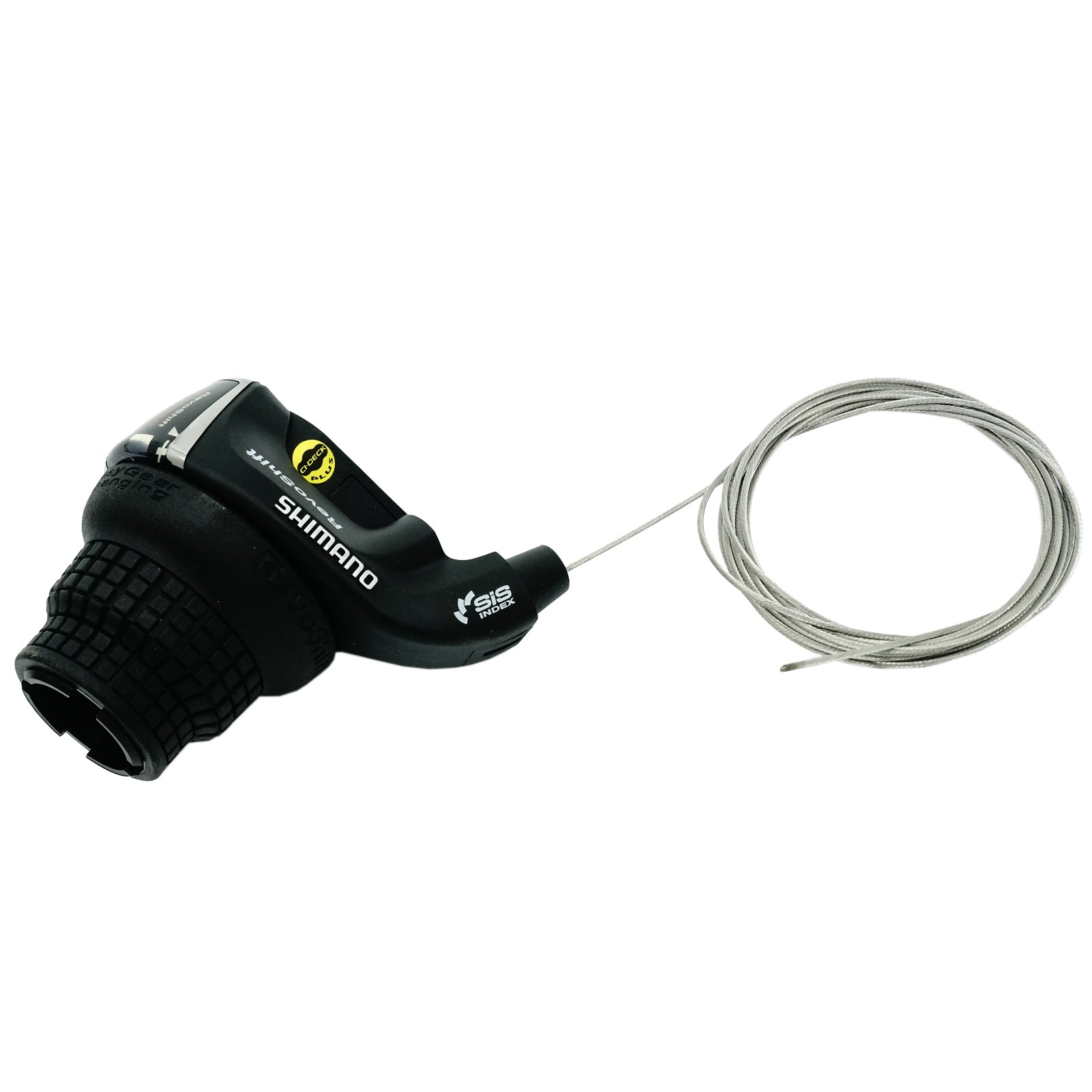 Shimano black grip shift shifter with cable on white background
