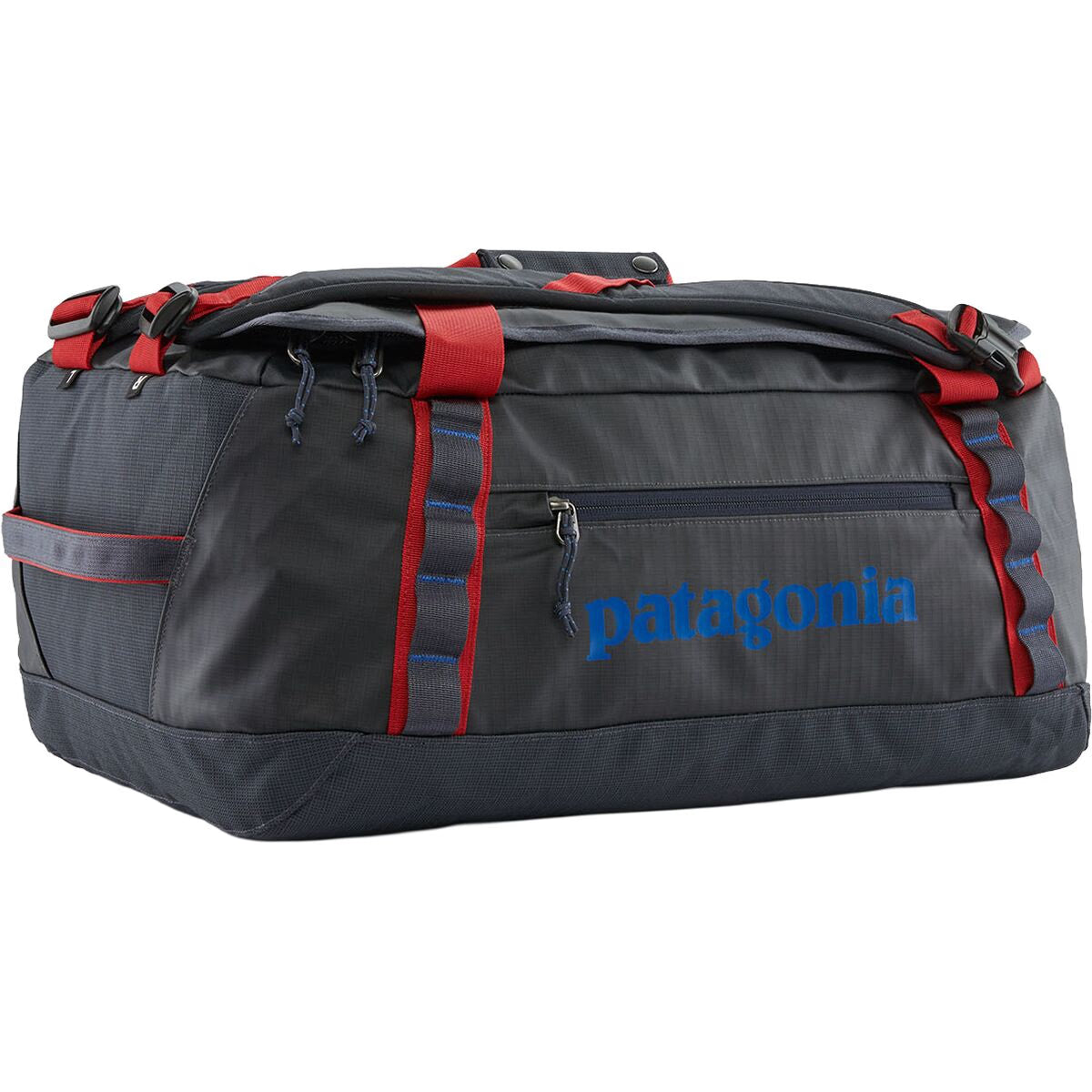 Patagonia Black Hole Duffel 40L in Smolder Blue with red straps and accents