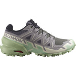 Salomon Speedcross 6 women's trail running shoe in castlerock grey with green sole