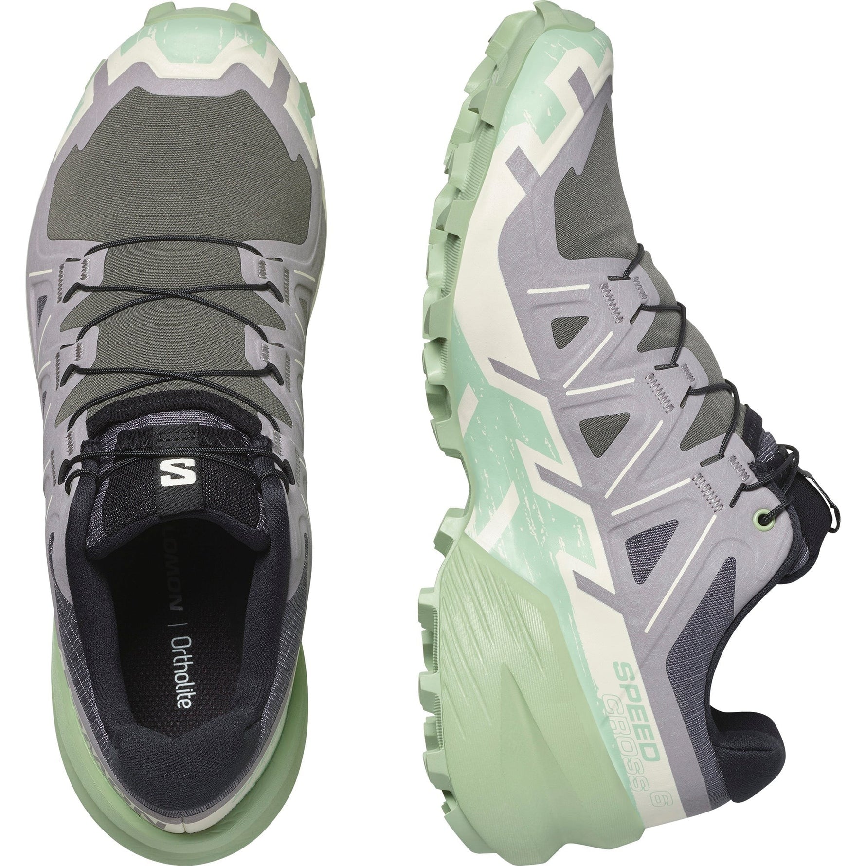 Salomon Speedcross 6 women's trail running shoes in castlerock grey with green accents