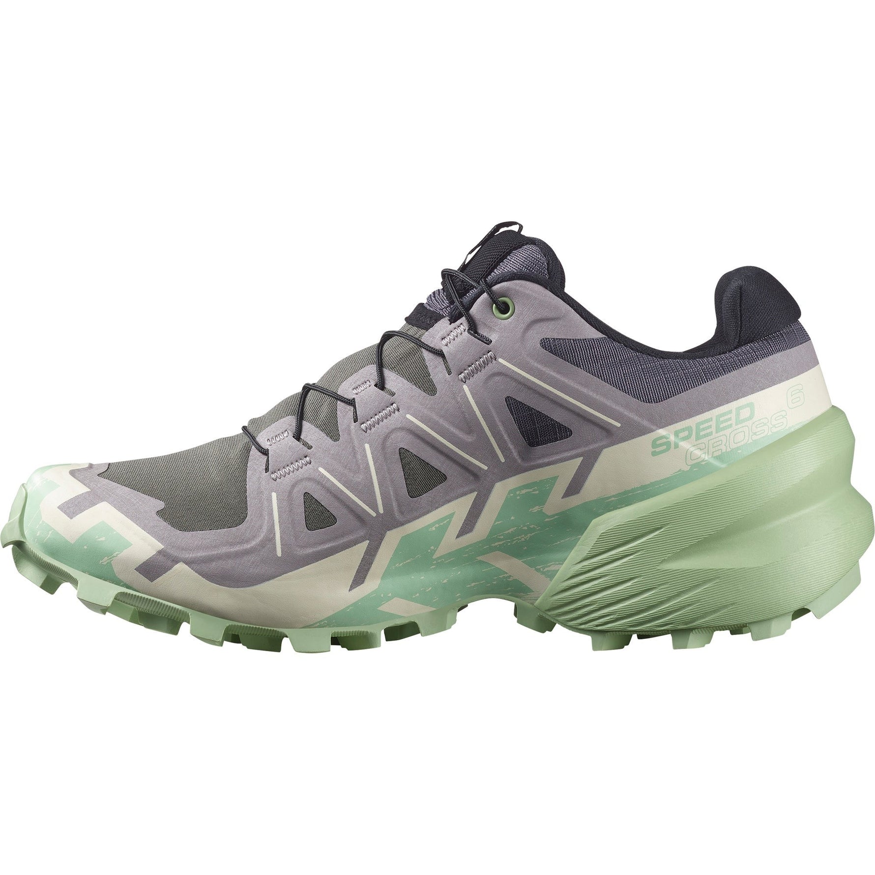Salomon Speedcross 6 women's trail running shoe in castlerock gray with green midsole