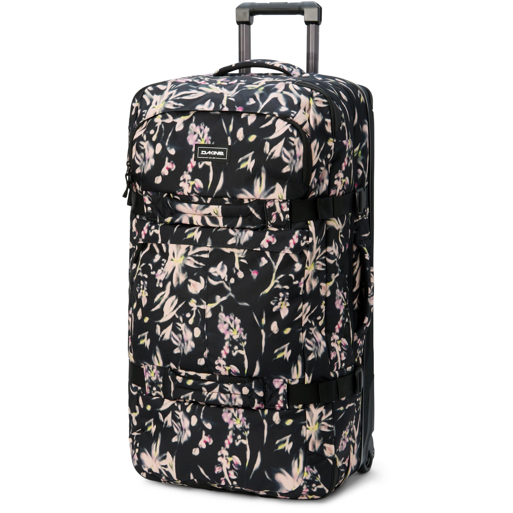Dakine Split Roller luggage in Full Bloom floral pattern on white background