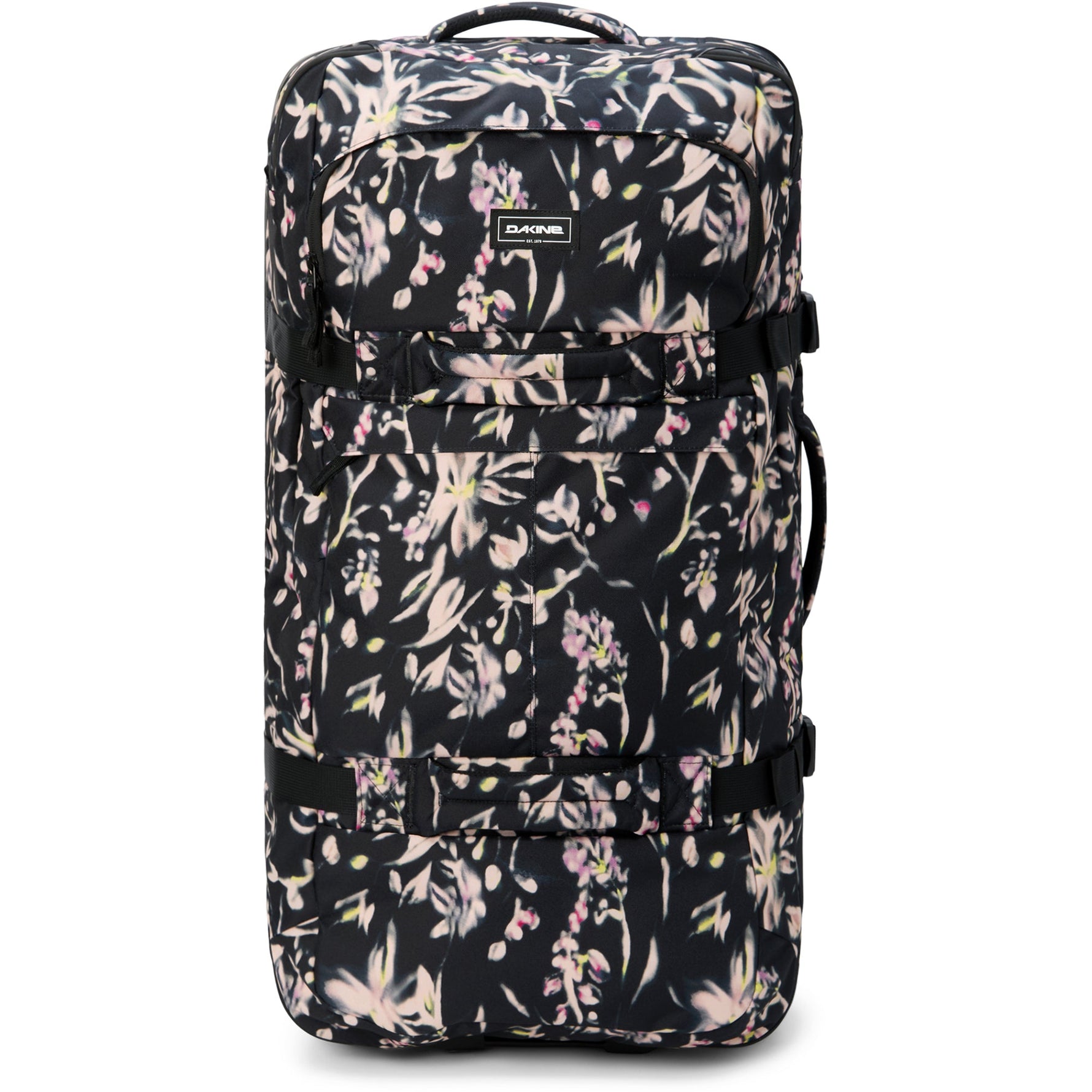 Dakine Split Roller luggage in Full Bloom floral pattern on white background