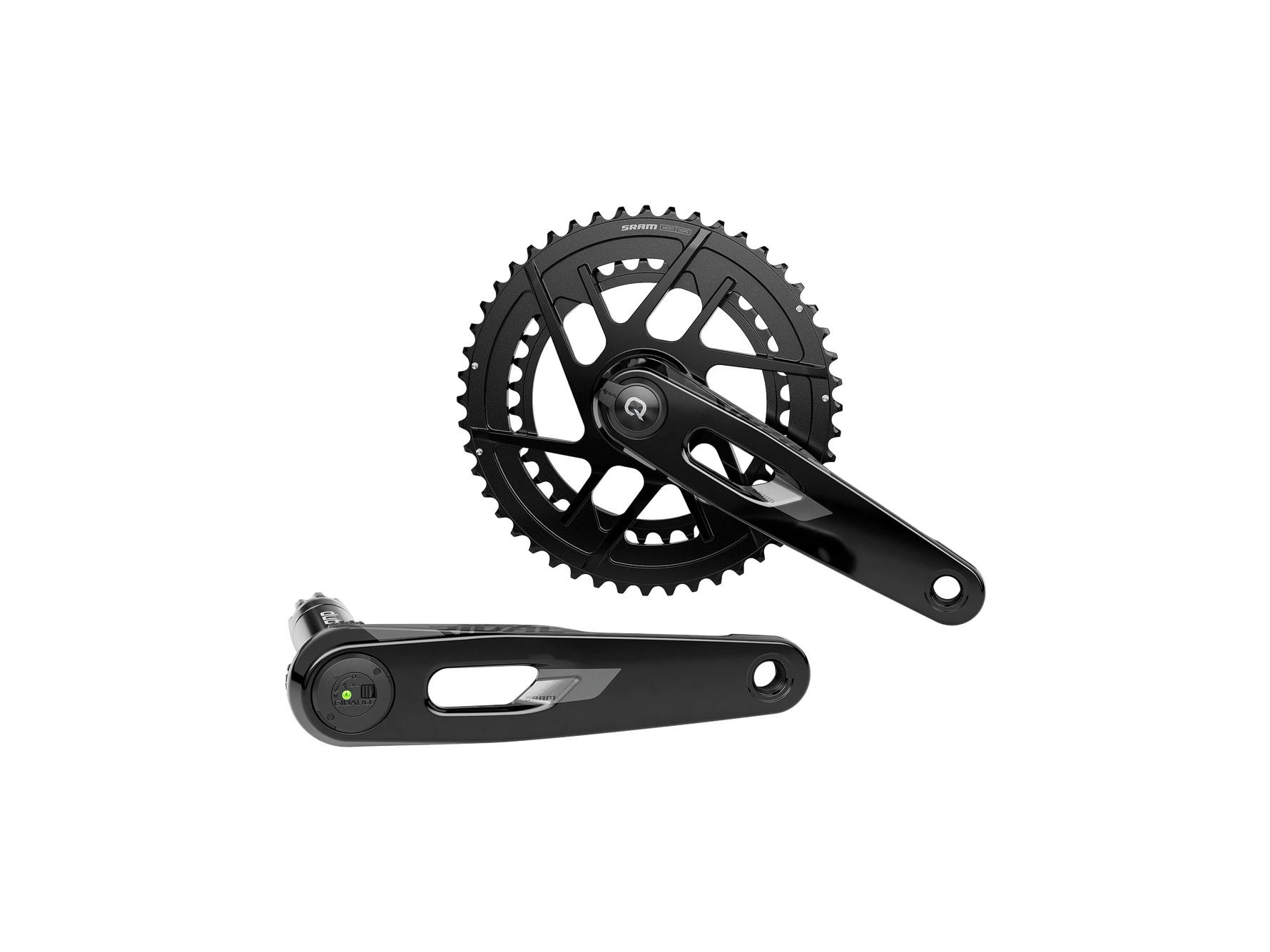 SRAM Rival AXS crankset with power meter in black finish on white background