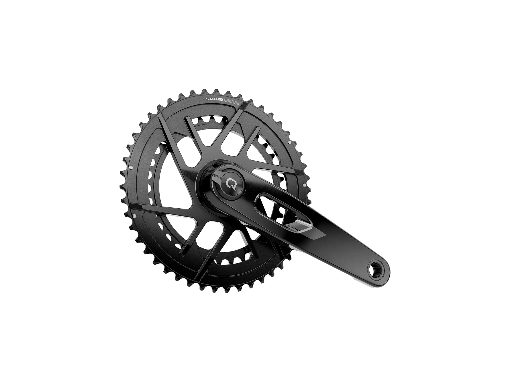SRAM Rival AXS E1 black crankset with dual chainrings on white background
