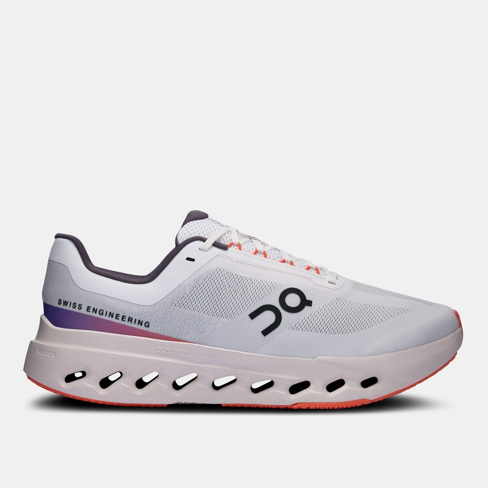 On Cloudsurfer Next men's running shoe in white with flame red outsole, side view