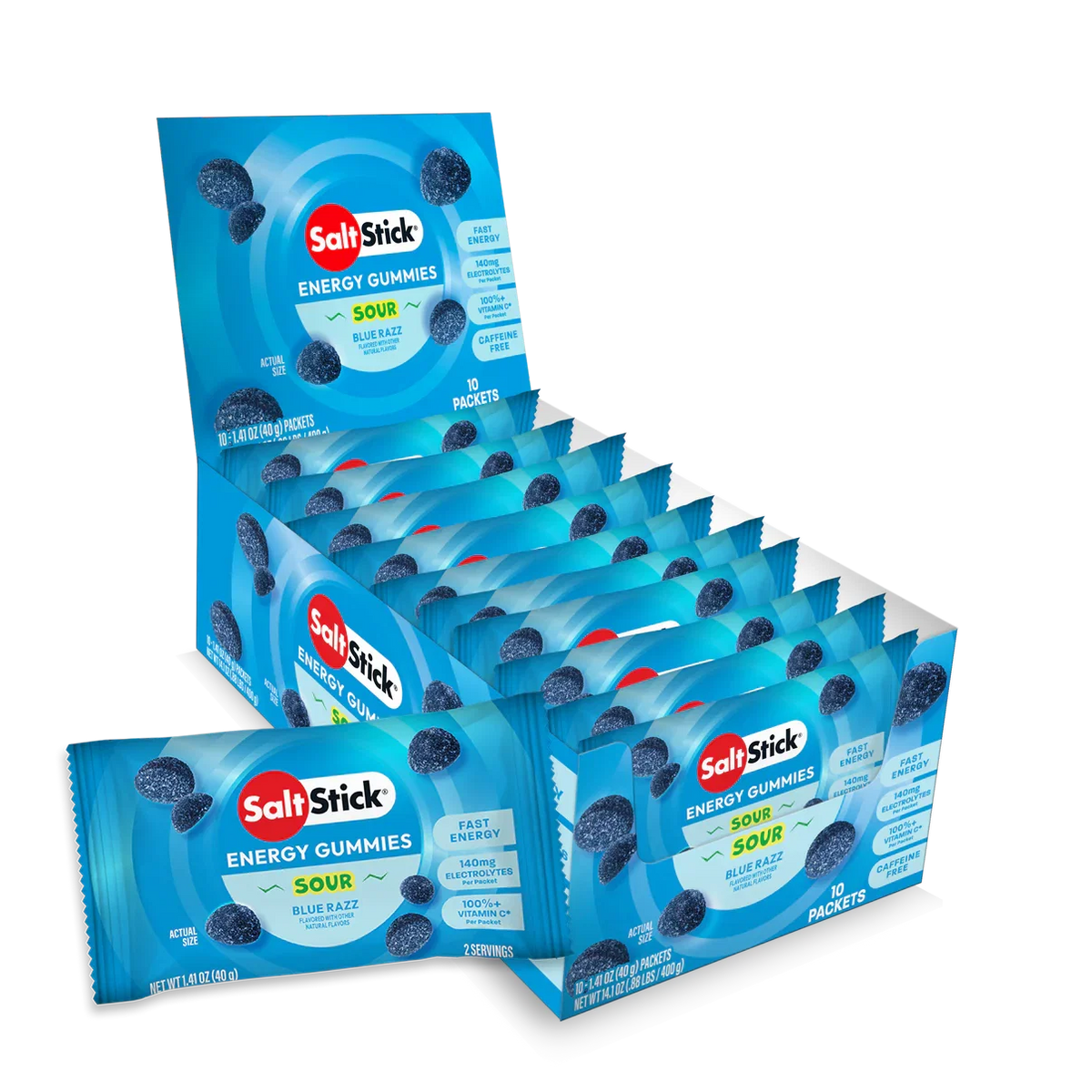 SaltStick Sour Blue Razz Energy Gummies single packet and 10-count display box on white background