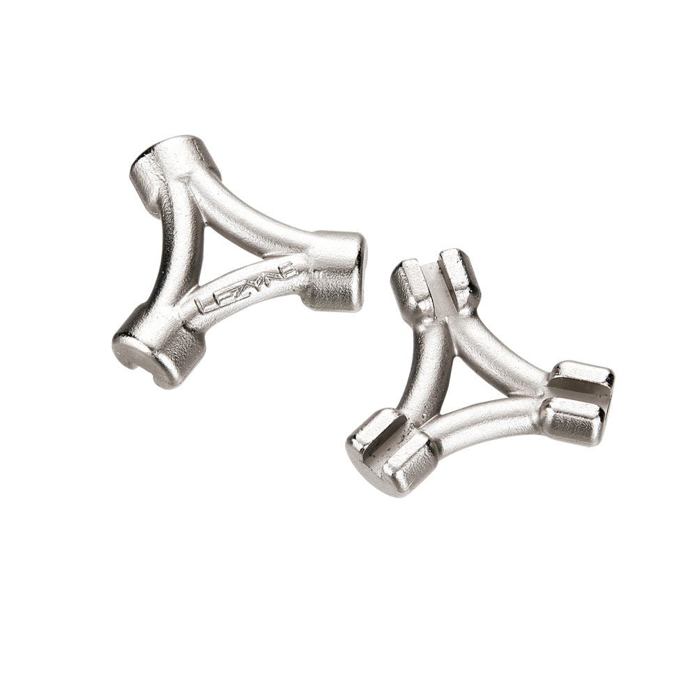 Lezyne 3-way spoke wrench tool in silver metallic finish on white background