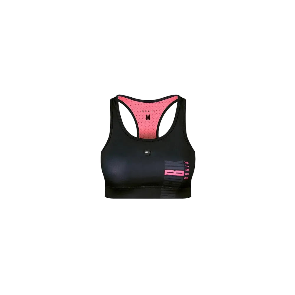 Gobik Core women's sports bra in black with pink rose accents