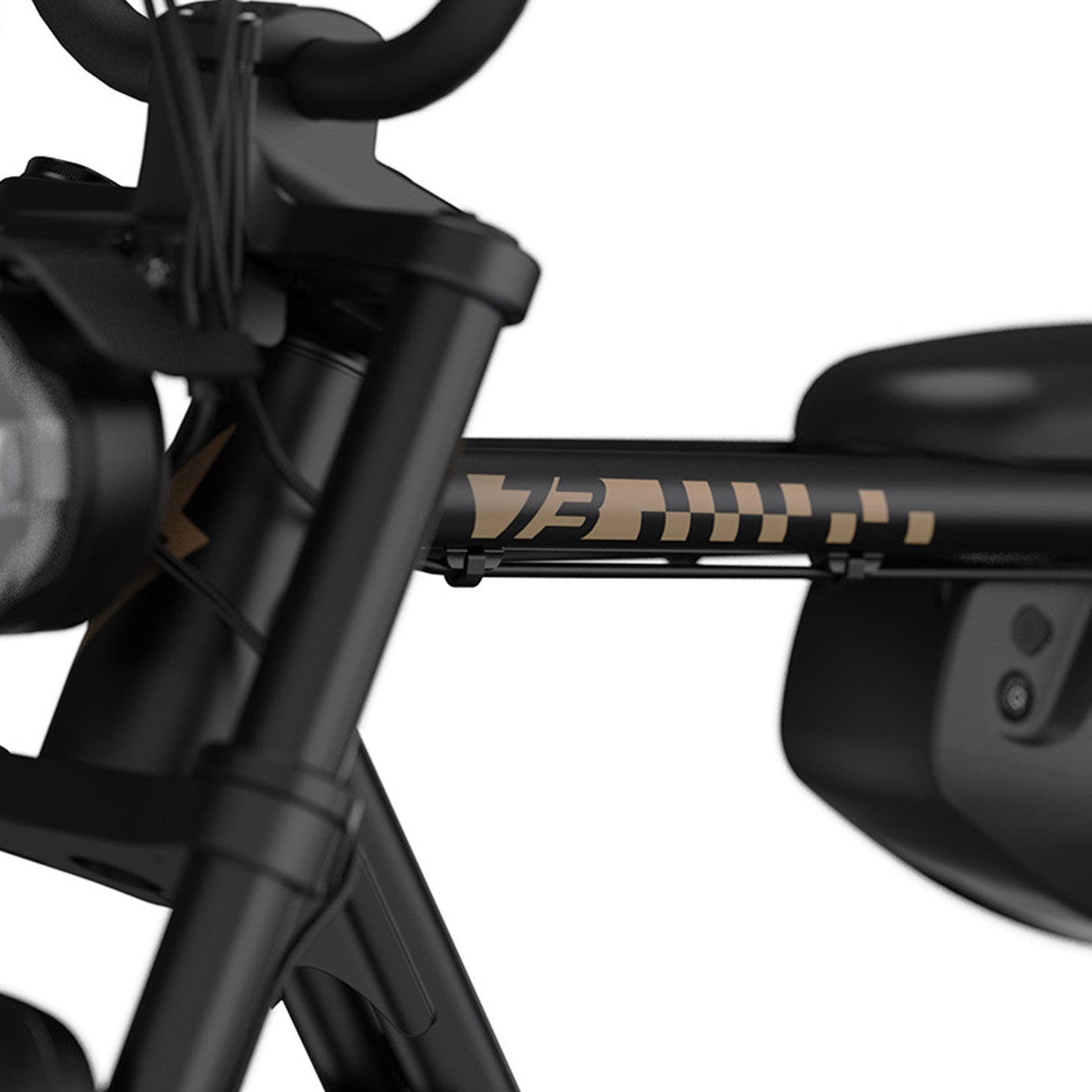 Close-up of black SUPER73 electric bike frame showing tan graphics and handlebars