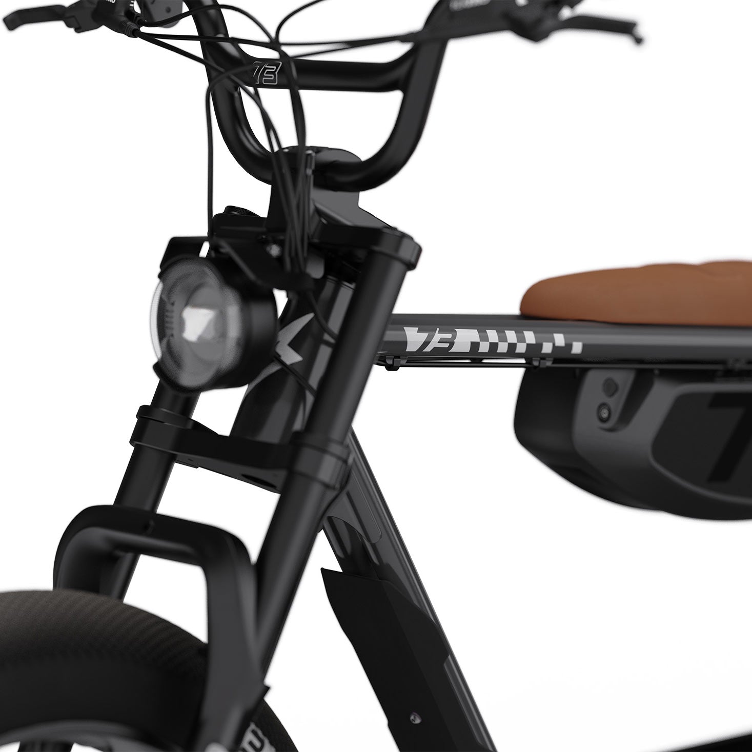 SUPER73 ZX SE electric bike with black frame and brown leather seat