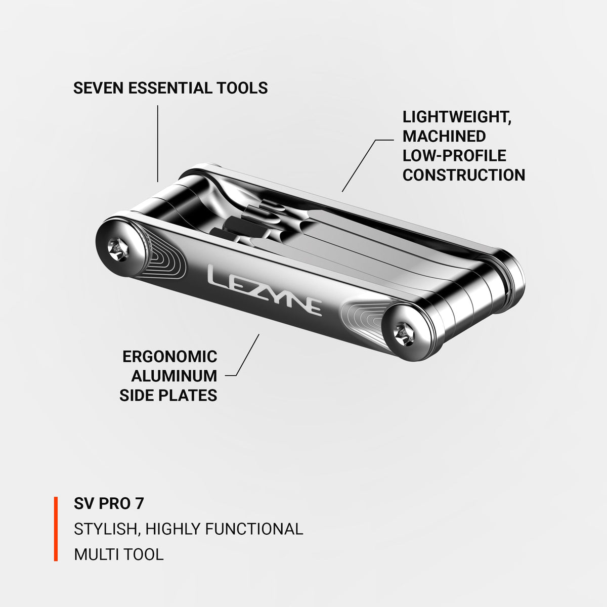 Lezyne SV Pro 7 silver multi tool with seven essential tools and aluminum side plates