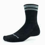 Swiftwick black hiking sock with gray striped cuff on white background