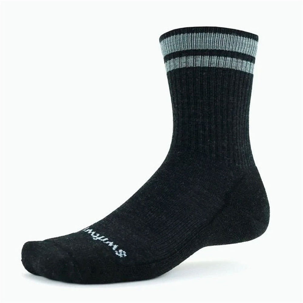 Swiftwick black hiking sock with gray striped cuff on white background