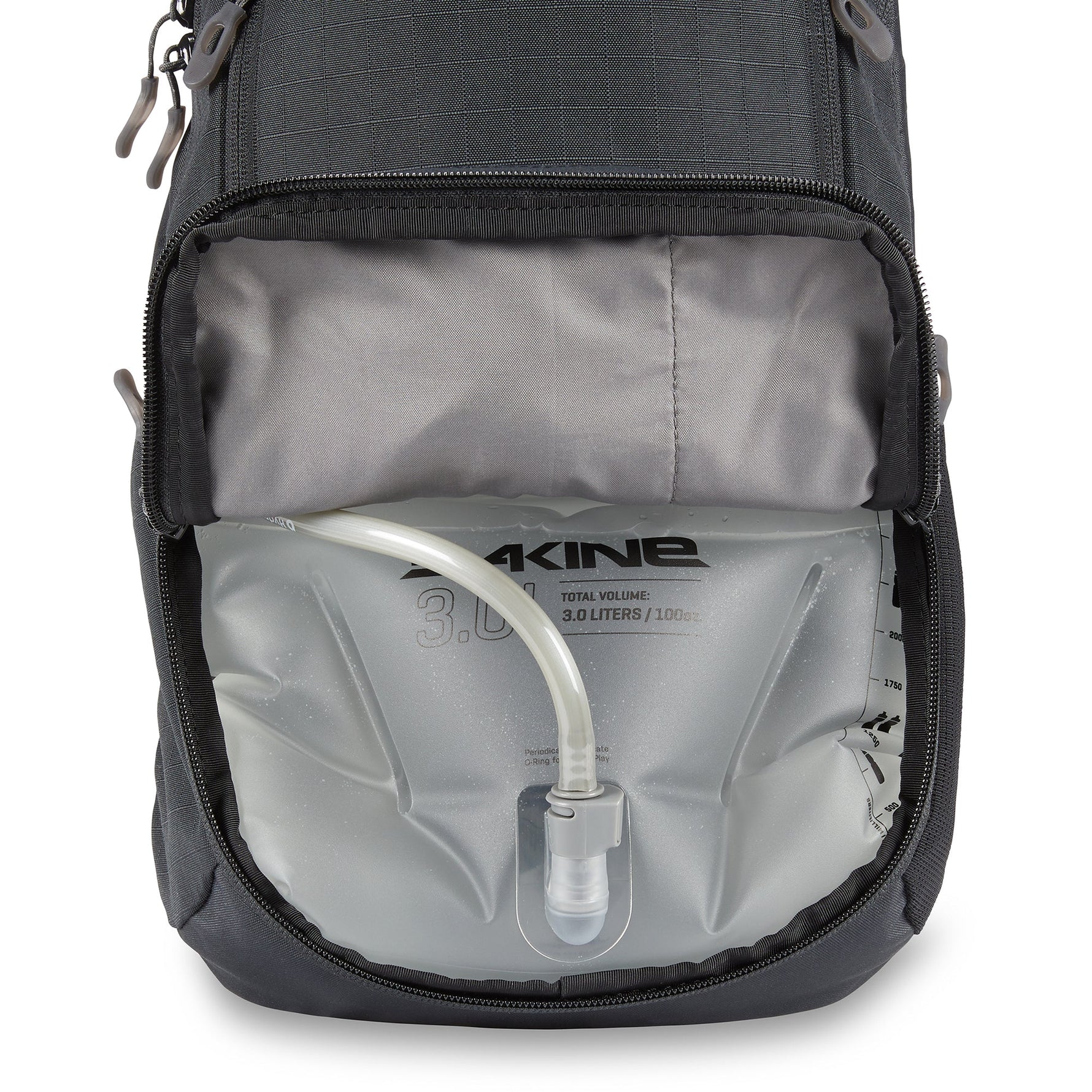 Dakine Syncline 12L black hydration backpack with 3L water reservoir compartment open
