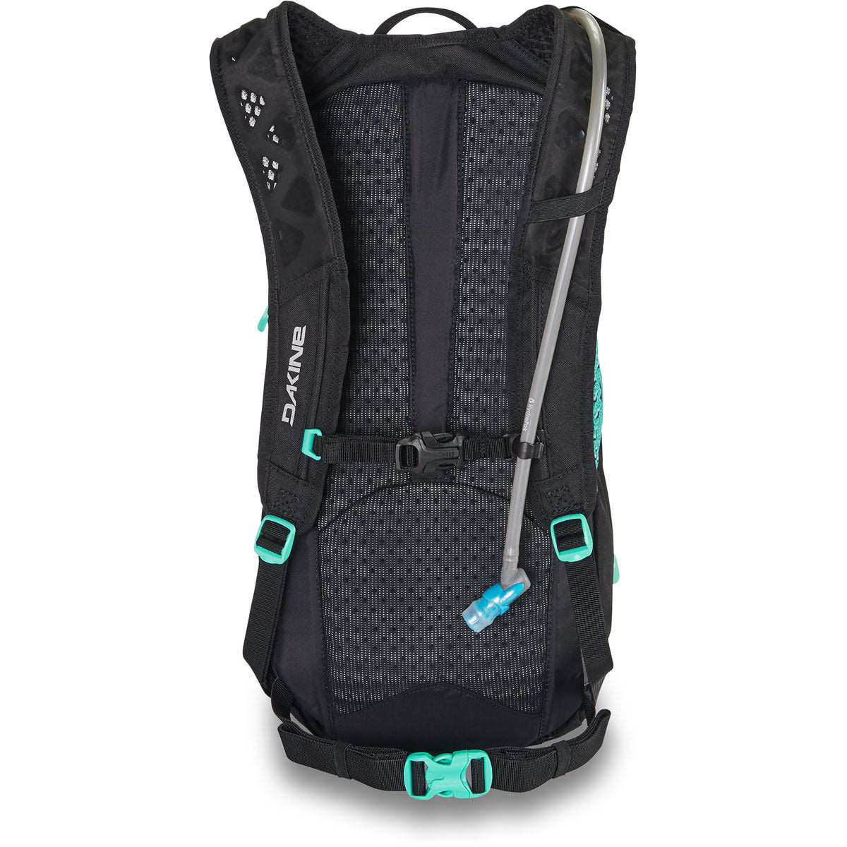 Dakine Syncline 16L hydration backpack in black with teal accents and water reservoir