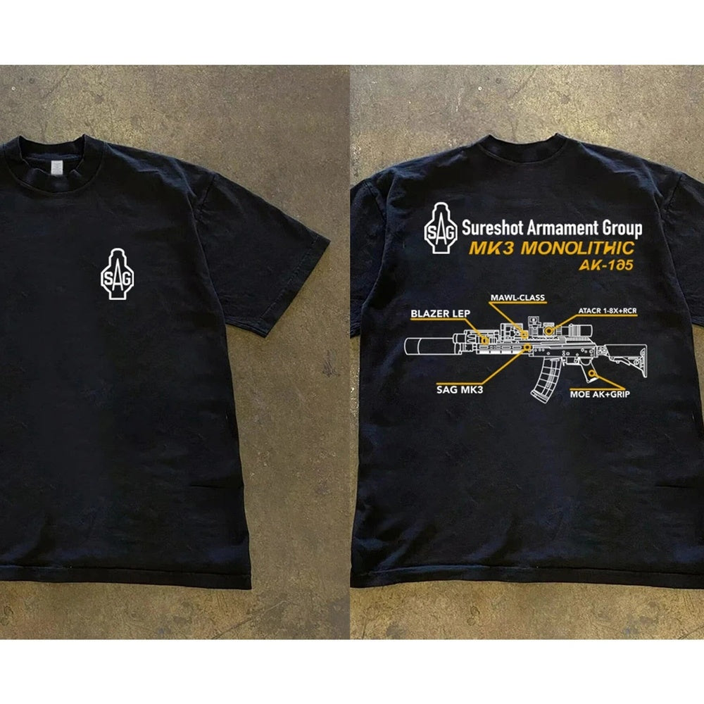 SAG Sureshot Armament Group black t-shirt front and back view with MK3 Monolithic AK-105 graphic