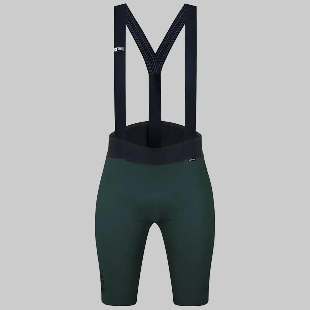 Gobik X Bib Short Women's in dark green pinewood color with black suspenders