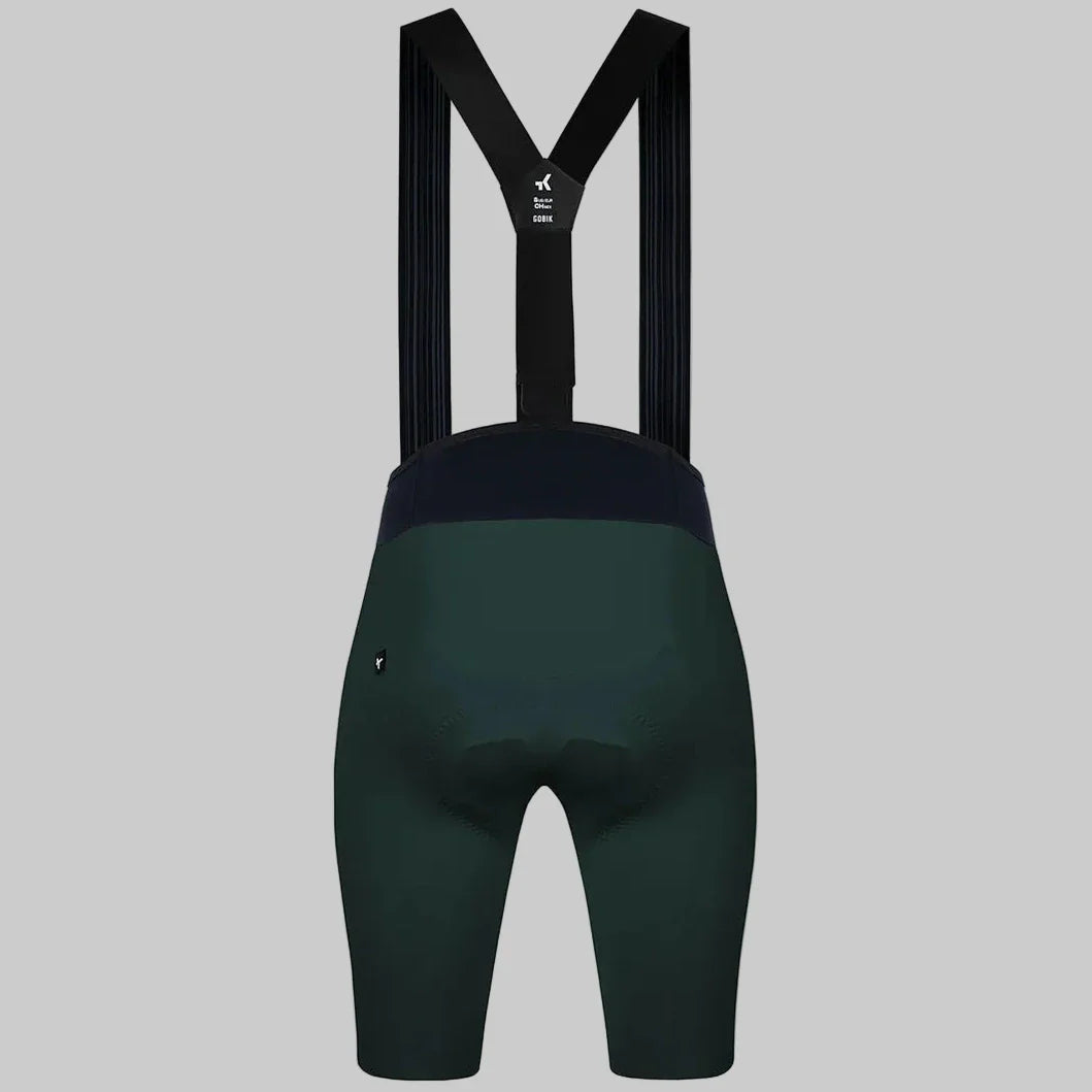 Gobik X women's cycling bib shorts in pinewood green with black suspenders