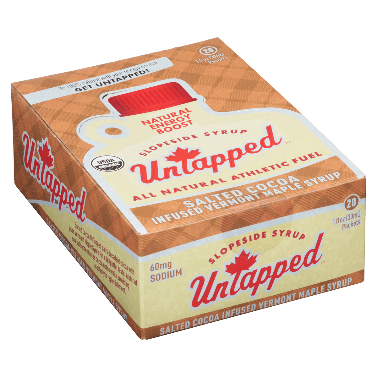 UnTapped Salted Cocoa maple syrup energy gel box with 20 packets