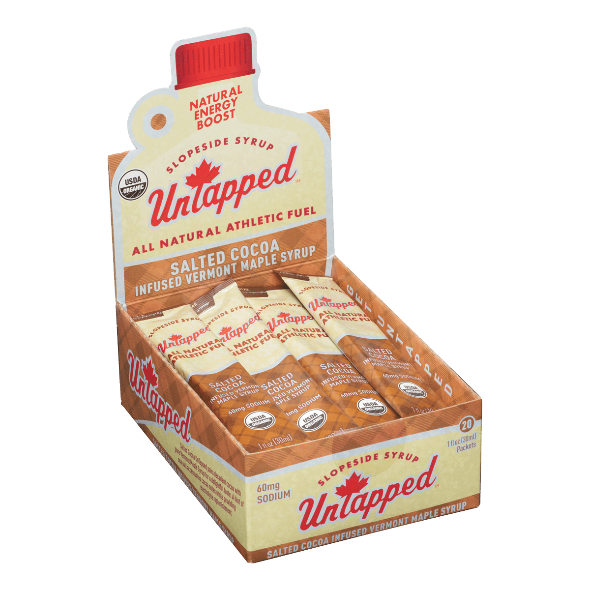 UnTapped Salted Cocoa maple syrup energy gel packets in display box