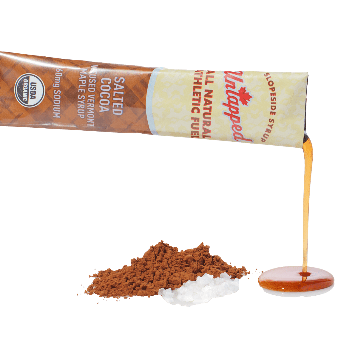UnTapped Salted Cocoa maple syrup energy gel tube with cocoa powder and syrup drip