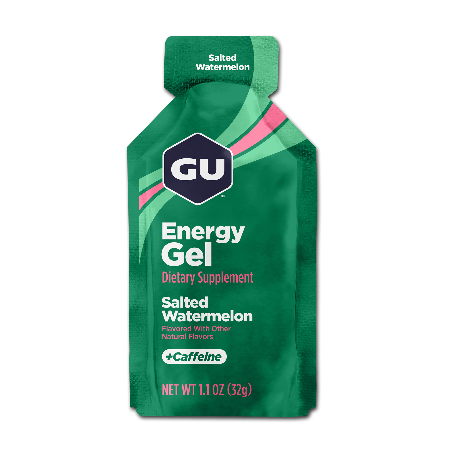 GU Energy Gel in Salted Watermelon flavor with caffeine, green packaging