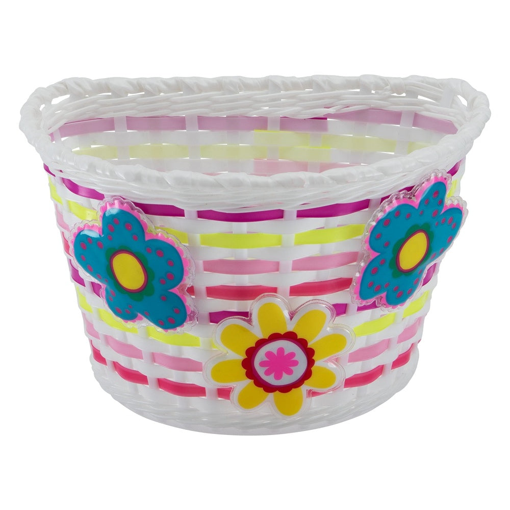 Schwinn children's front bicycle basket in white with pink stripes and flower decorations