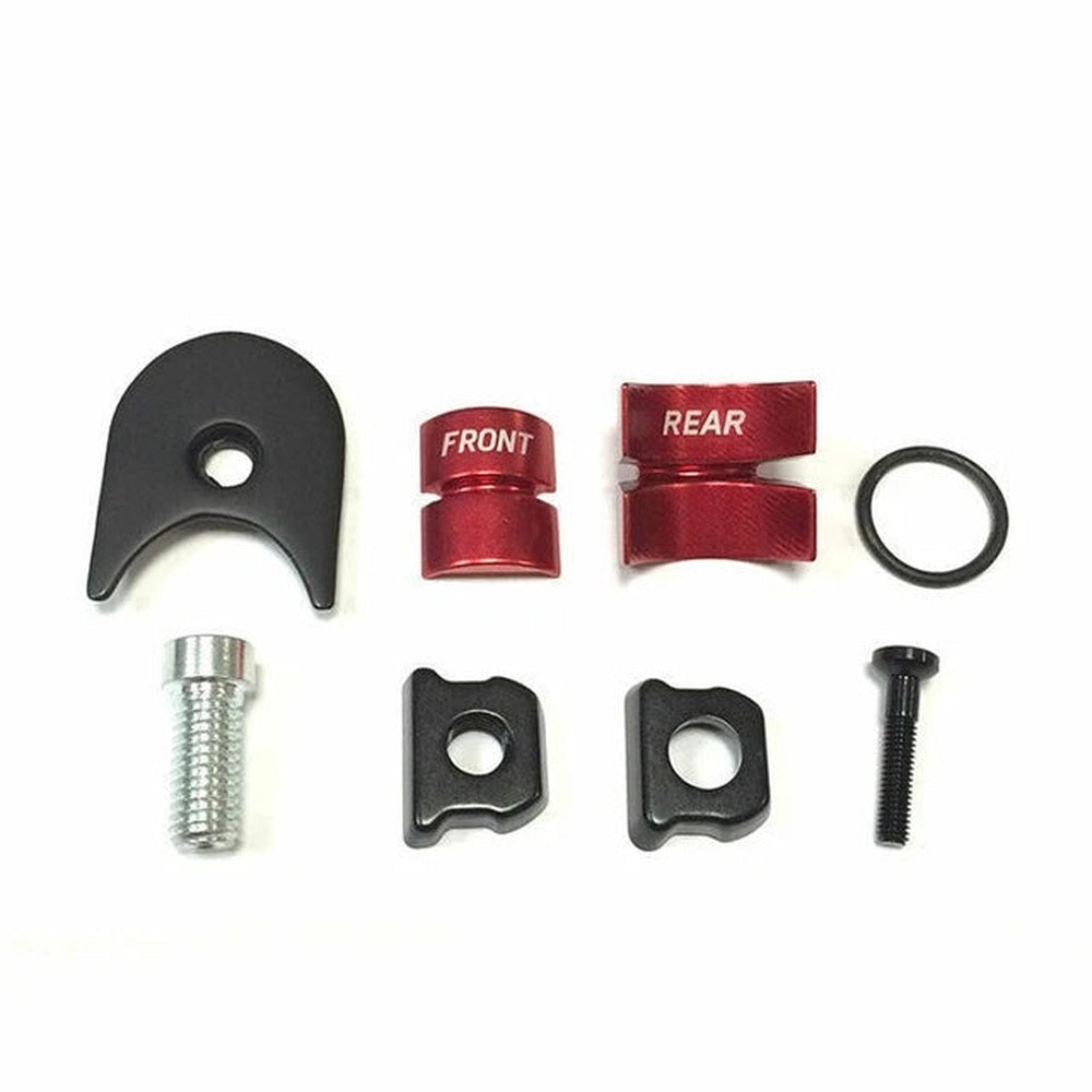 Scott Foil 16 seat clamp components laid out showing black brackets, red clamps, and silver bolts
