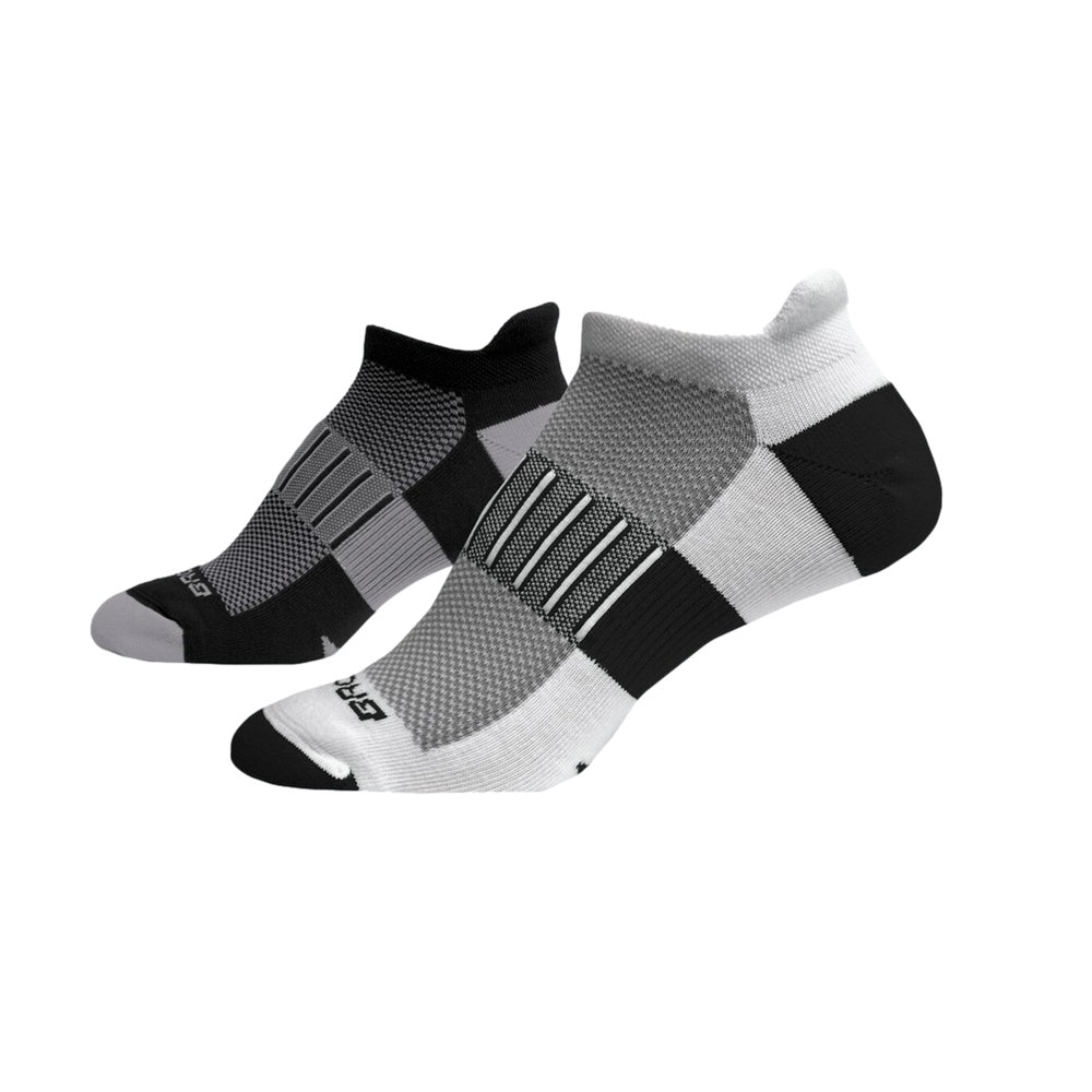Two Brooks Ghost midweight running socks in black, white and gray patterns