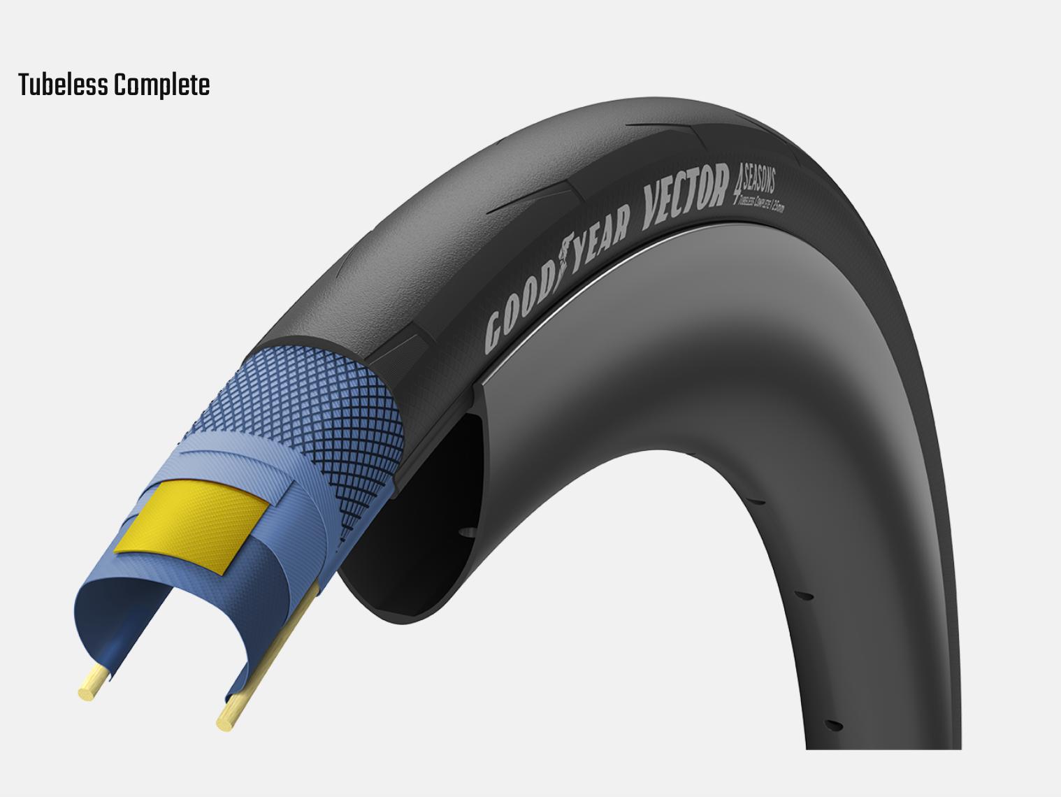 Goodyear Vector tubeless bicycle tire showing internal construction layers and black sidewall