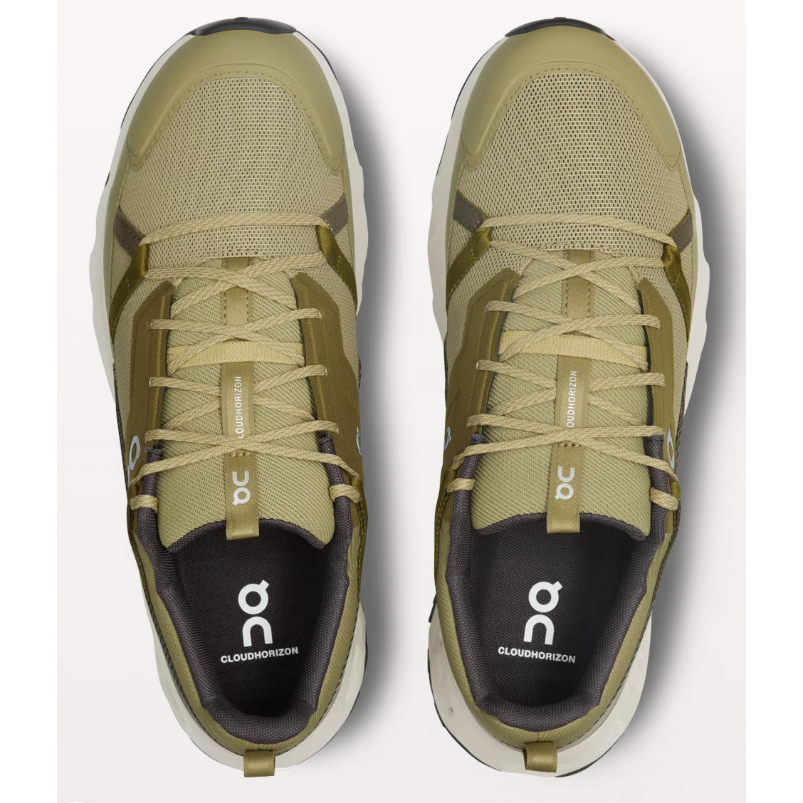 On Cloudhorizon running shoes in safari green colorway with white midsole