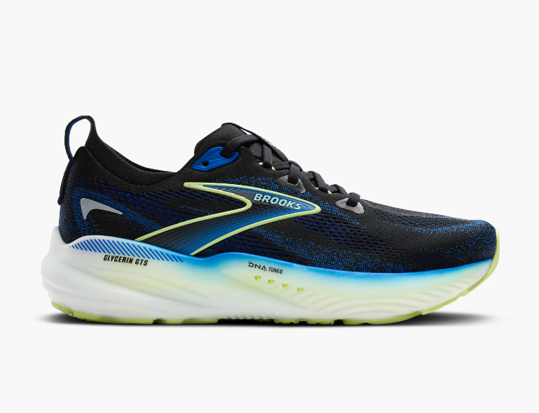 Brooks Glycerin GTS 22 men's running shoe in black with cobalt blue and neo yellow accents