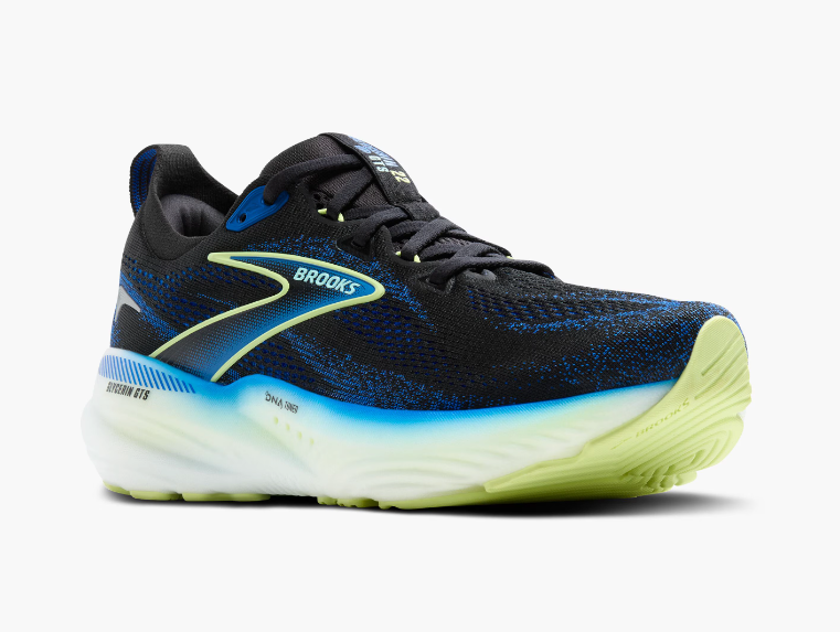 Brooks Glycerin GTS 22 men's running shoe in black with cobalt blue and neo yellow accents