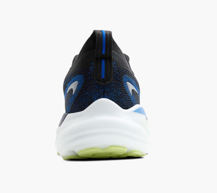 Brooks Glycerin GTS 22 men's running shoe rear view showing black blue yellow colorway