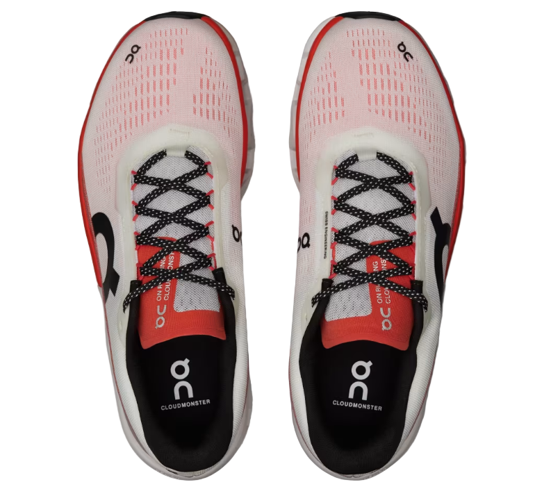 On Cloudmonster 2 men's running shoes in frost/rock colorway with red accents