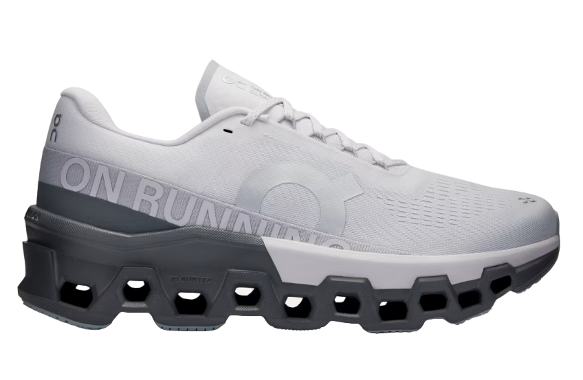 On Cloudmonster 2 running shoe in frost and rock colorway with distinctive cloud sole