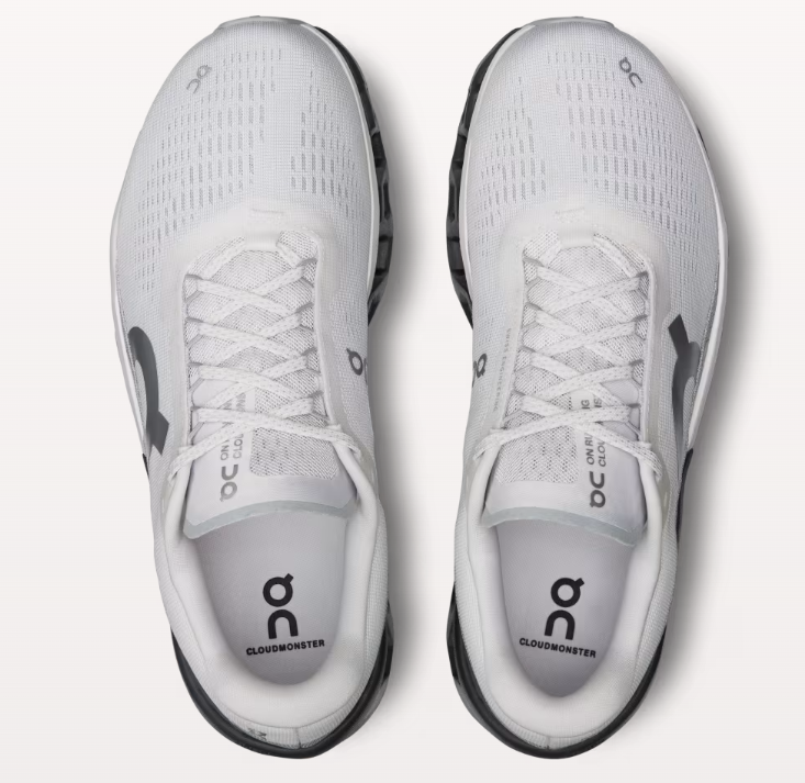 On Cloudmonster 2 running shoes in Frost/Rock colorway, top-down view