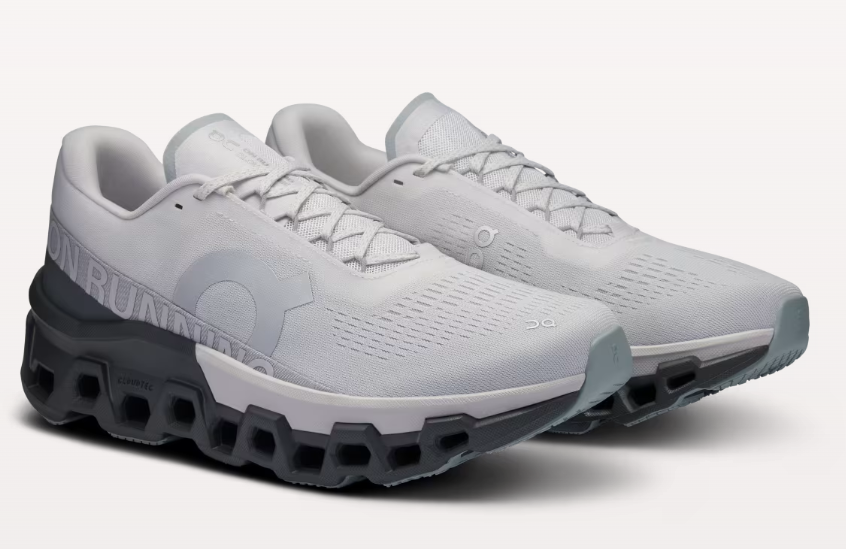 On Cloudmonster 2 running shoes in frost gray with distinctive black sole pods