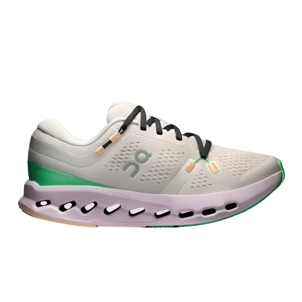 On Cloudsurfer 2 women's running shoe in pearl and orchid colorway with signature cloud sole