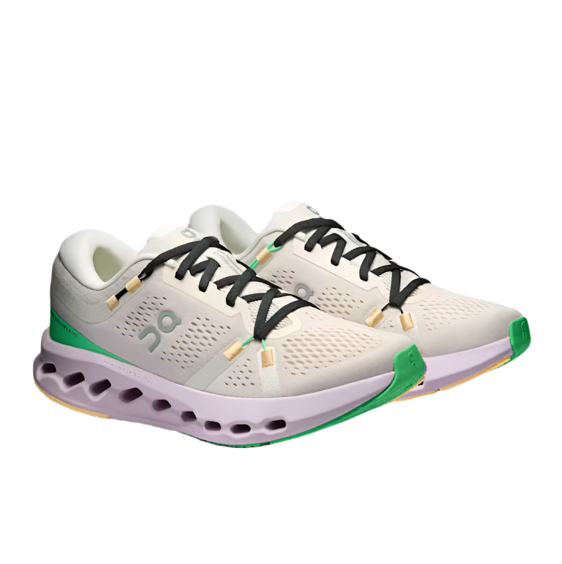 On Cloudsurfer 2 women's running shoes in pearl gray with purple sole