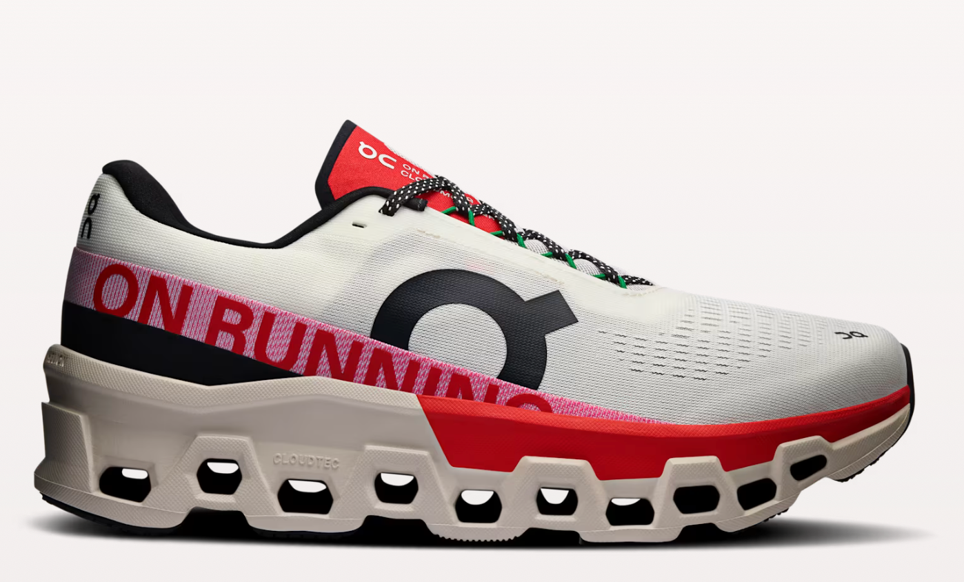 On Cloudmonster 2 running shoes in white and flame red colorway