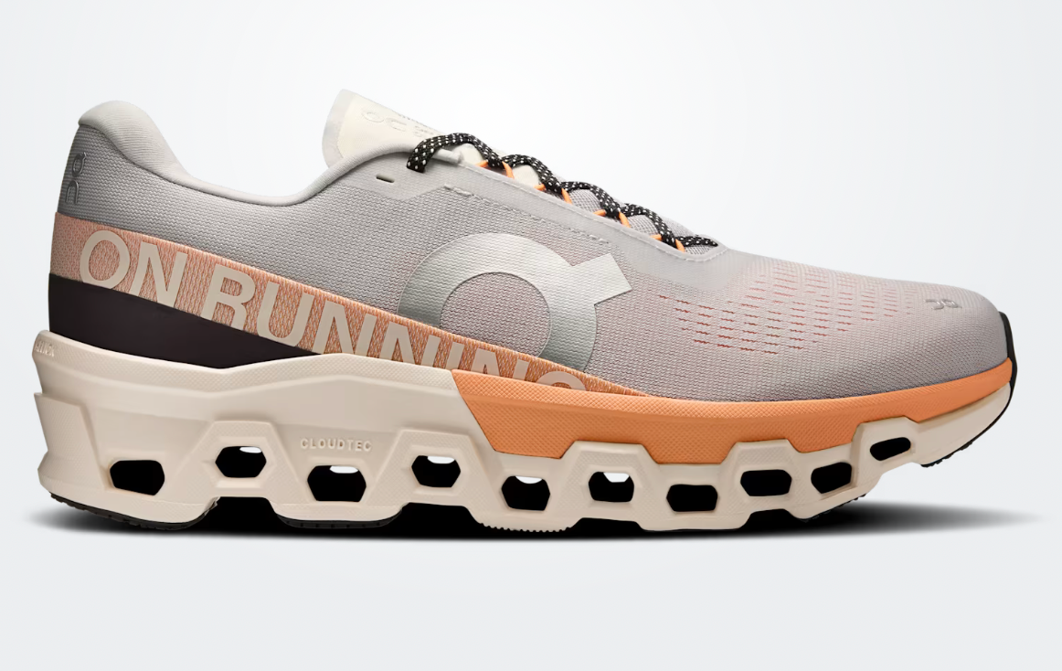 On Cloudmonster 2 running shoe in white and flame orange colorway