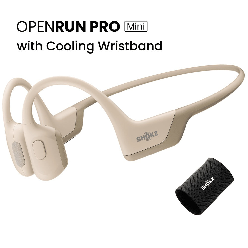 Shokz OpenRun Pro Mini bone conduction headphones in beige with black cooling wristband