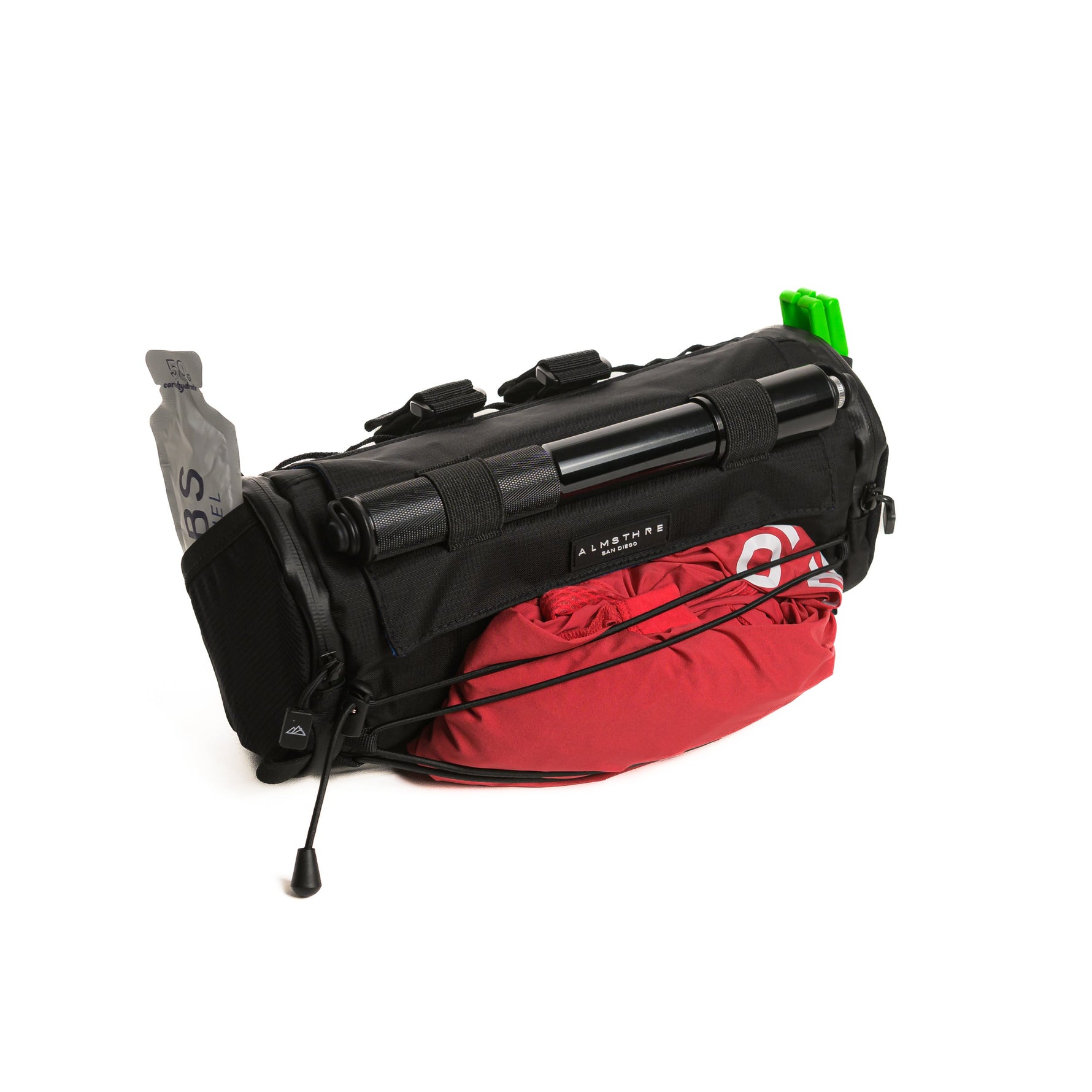 Almsthre black bicycle handlebar bag with red bottom compartment and green tabs