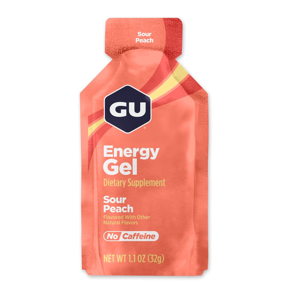 GU Energy Gel Sour Peach flavor packet on clean white background