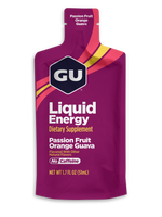 GU Liquid Energy packet in Passion Fruit Orange Guava flavor, purple packaging