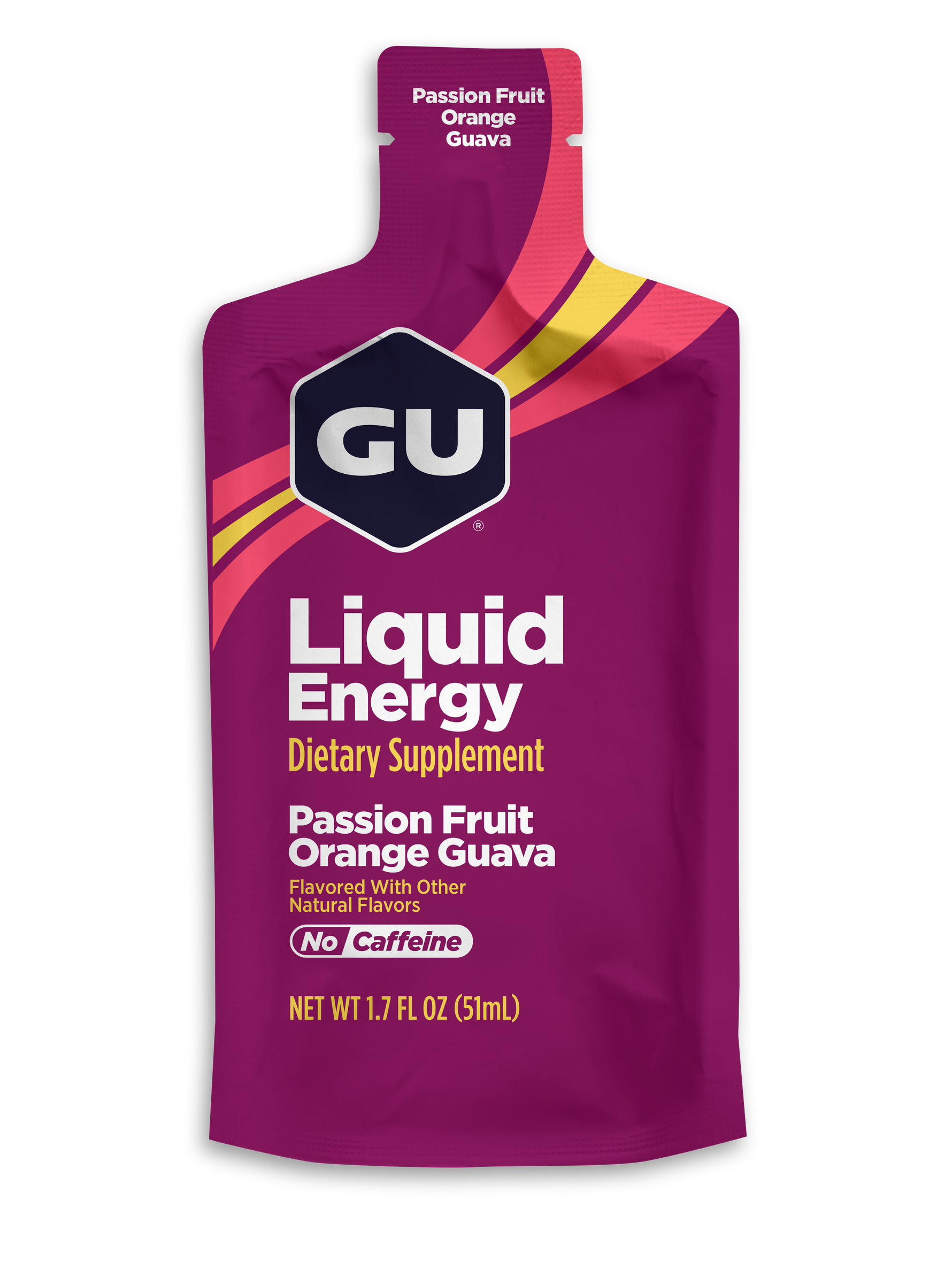 GU Liquid Energy packet in Passion Fruit Orange Guava flavor, purple packaging